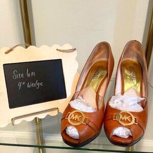 Michael Kors Peep Toe Brown Leather Wedge Shoes with MK Logo on Toe